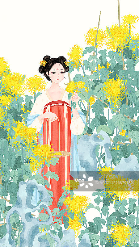站在菊花从前提篮摘菊花的唐朝少女国风插画图片素材