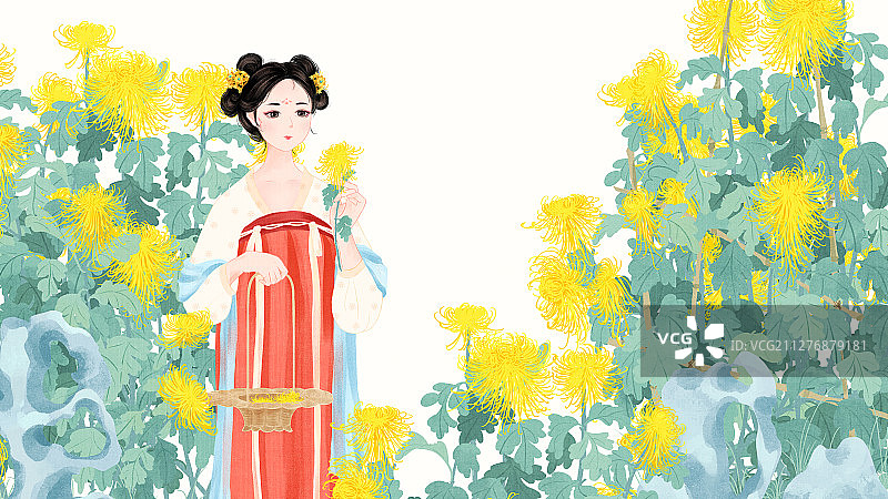 站在菊花从前提篮摘菊花的唐朝少女国风插画图片素材