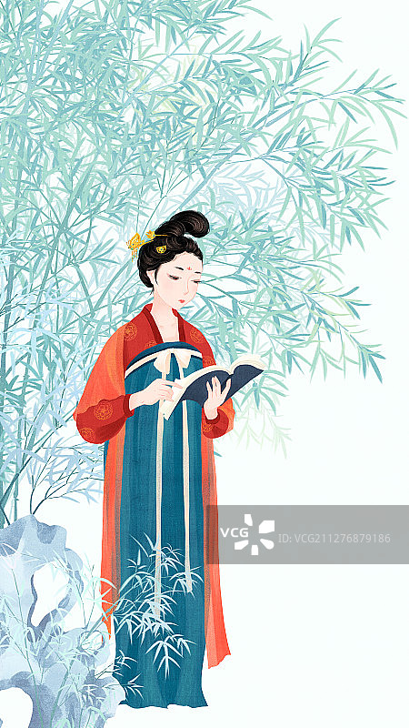 站在竹林假山前读书的唐朝少女国风插画图片素材