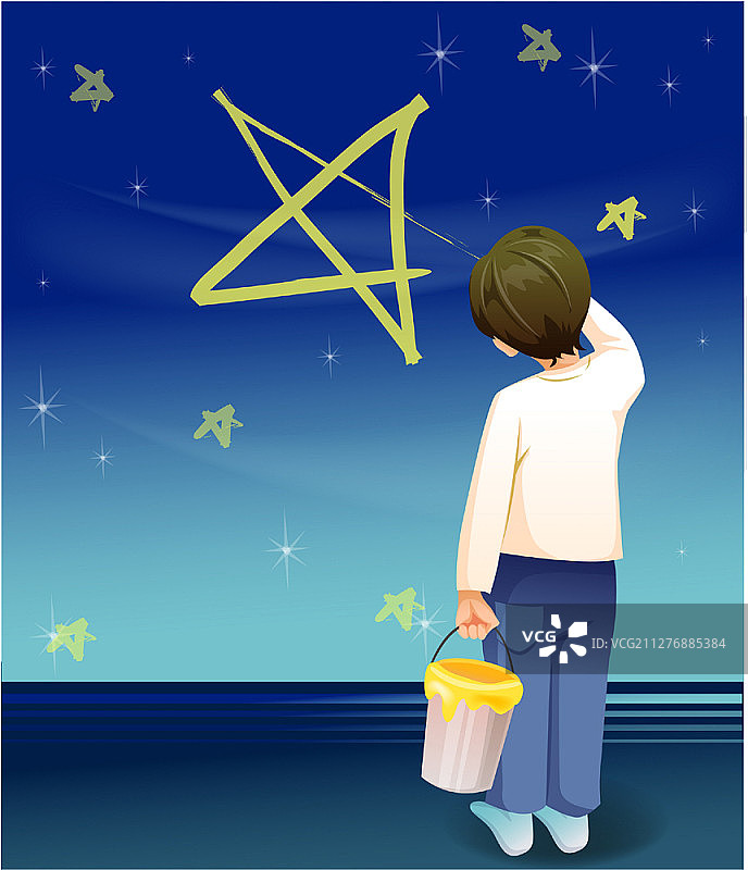 男孩画黄色星星图片素材