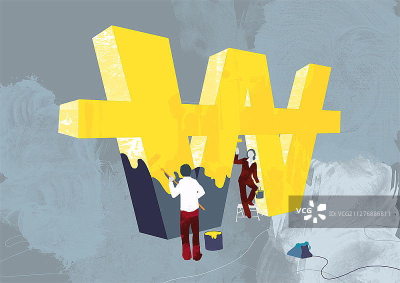 商人和女人将韩元涂成黑色插图图片素材