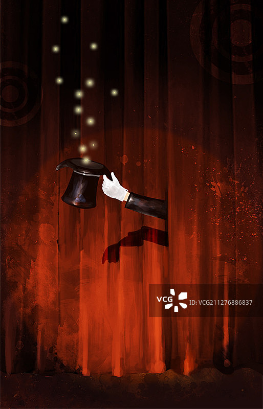 魔术师的手从红色舞台帷幕后伸出插画图片素材