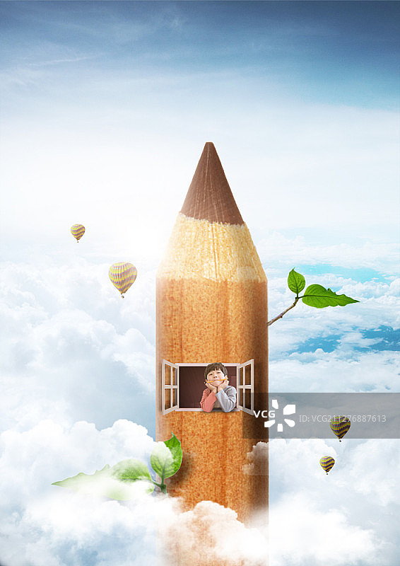 木制铅笔里的亚洲男孩数字合成图像图片素材