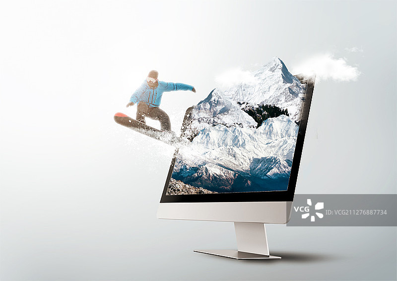 从显示器中跳出的滑雪者图片素材