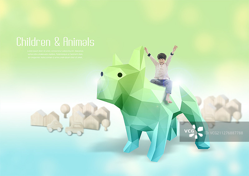 骑着卡通动物的亚洲男孩图片素材