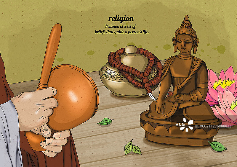 佛像与僧侣敲木鱼佛教插画图片素材