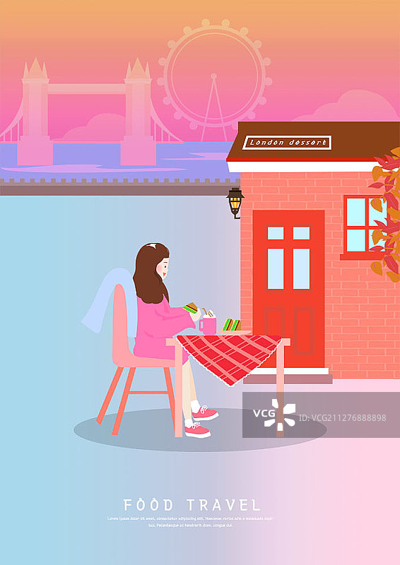 在伦敦吃三明治的女人插画图片素材