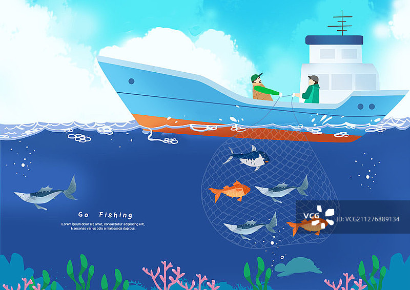 两个人乘渔船用网捕鱼的插图图片素材