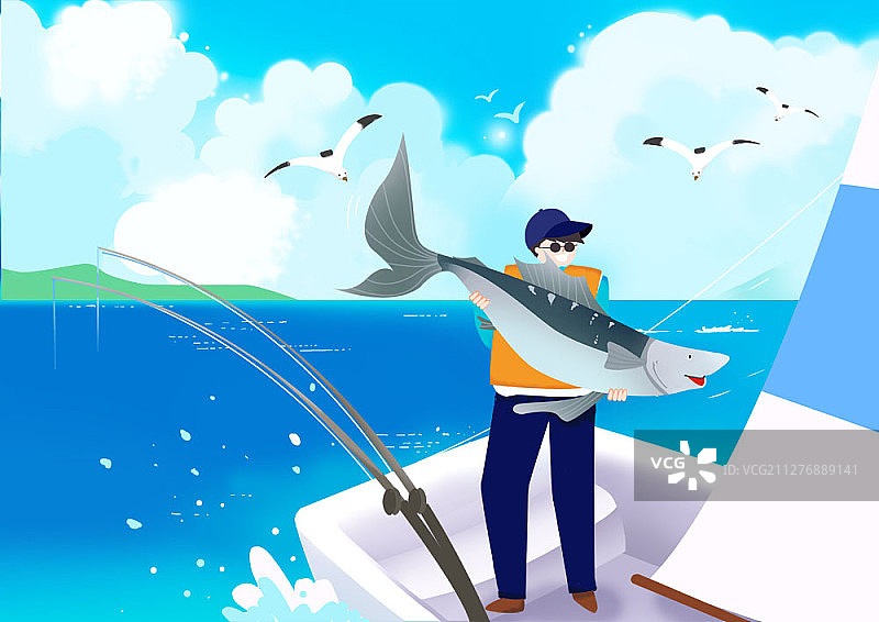 男人在摩托艇上拿着一条大银鱼的插图图片素材
