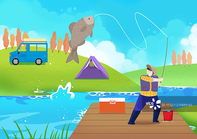在露营地附近的湖中钓鱼的男人插画图片素材