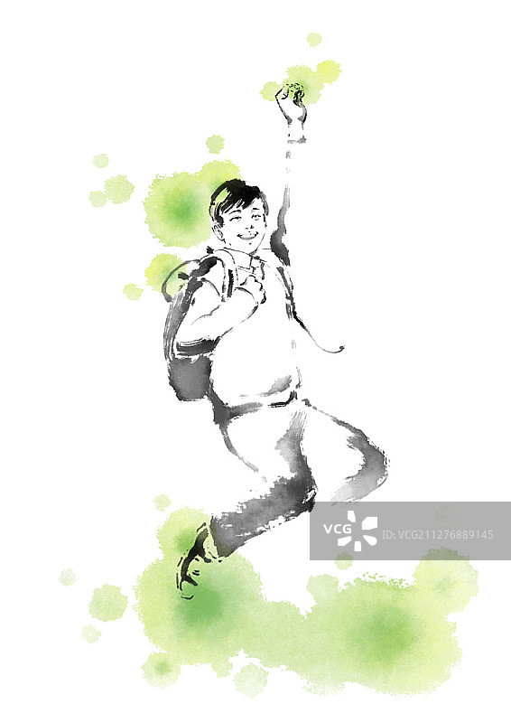 水墨画：男学生跳跃图片素材