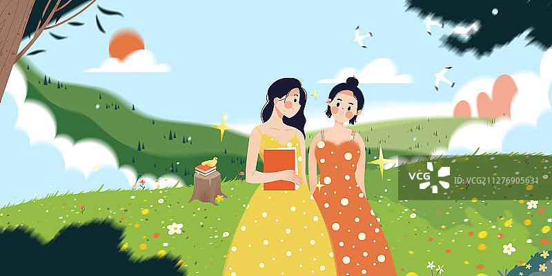 在户外活动郊游踏青的两个可爱女孩图片素材