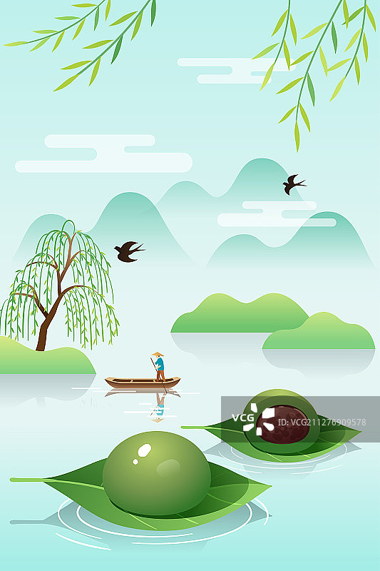 两个青团漂浮在水上和山水背景图片素材