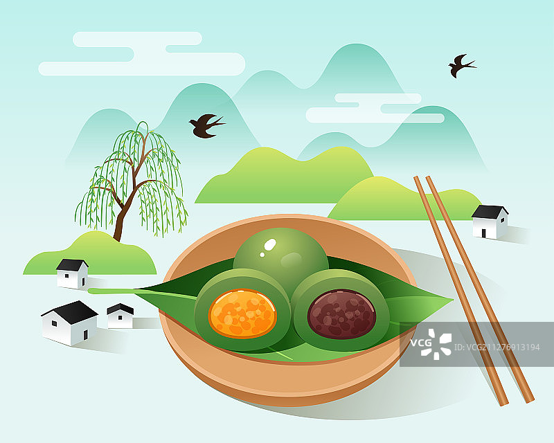 盘子里的青团与山边的房子和柳树图片素材