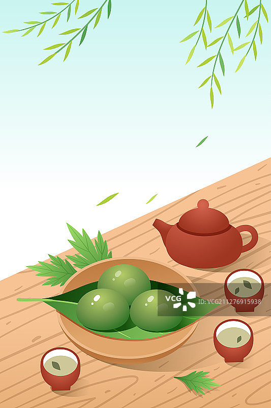 桌子上的一盘青团和茶壶茶杯图片素材
