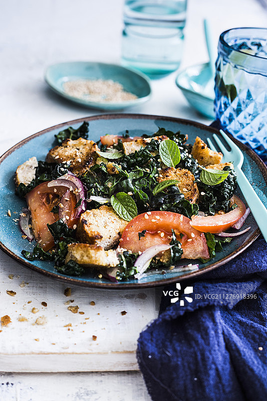 一盘羽衣甘蓝意式面包沙拉图片素材