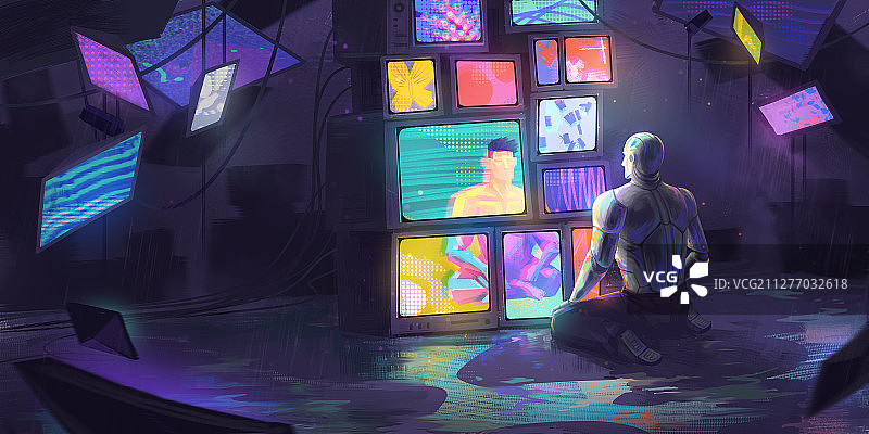 黑夜里机器人坐在各种屏幕前沉思的插画图片素材