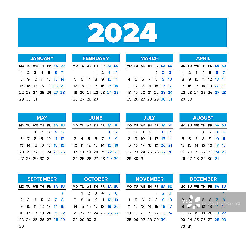 简约2024年日历（周一为每周第一天）图片素材