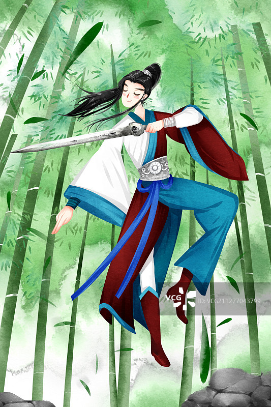 中国风武侠公子竹林舞剑插画图片素材