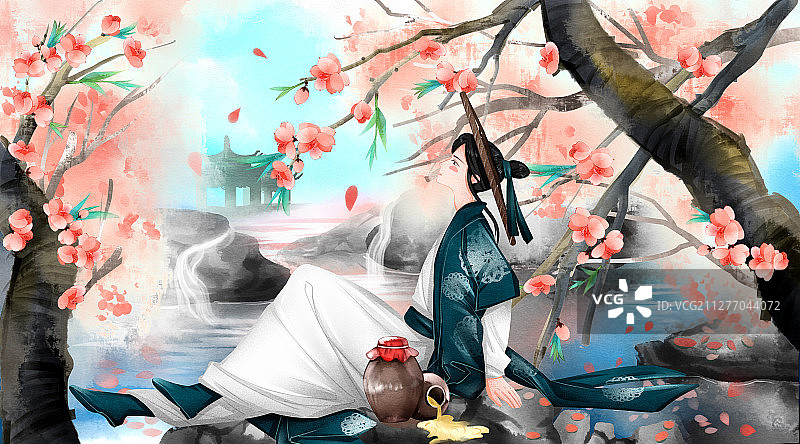 中国风武侠公子桃花源喝酒插画图片素材