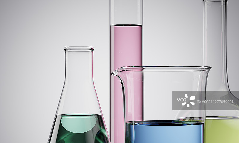 实验室中盛满化学液体的器皿图片素材