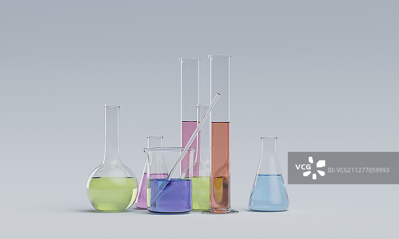 实验室中盛满化学液体的器皿图片素材