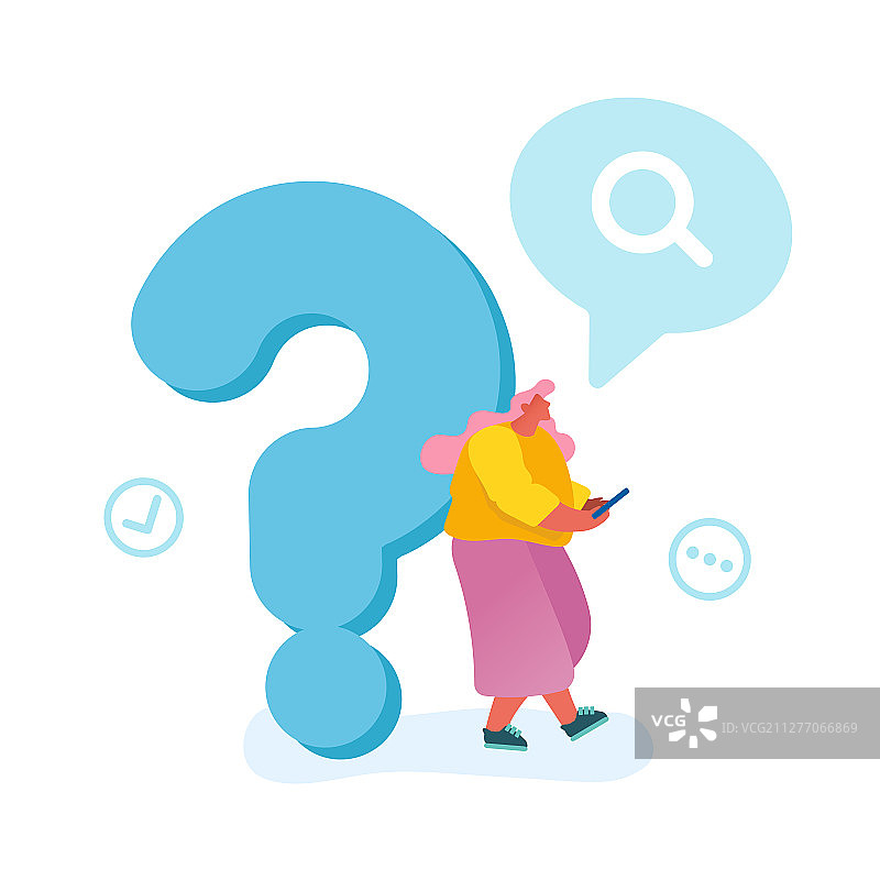 年轻女人倚靠着巨大的问号图片素材