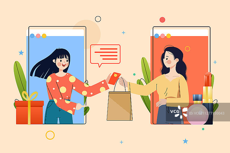 互联网时代在网络电商上购物的女孩卡通插画图片素材