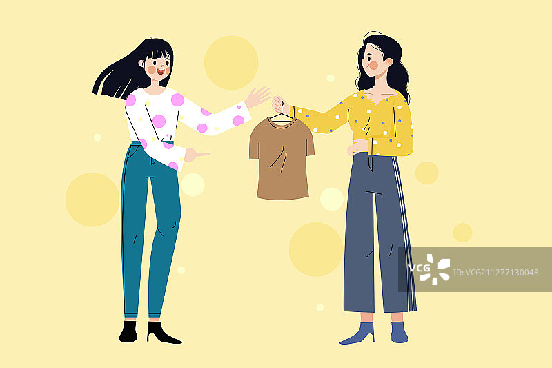 在商场挑选衣服的女孩卡通插画图片素材
