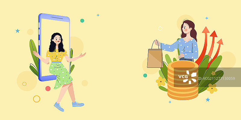 互联网时代在网络电商上购物的女孩卡通插画图片素材