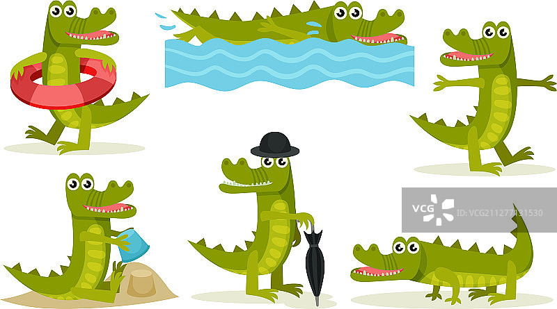 不同姿势的可爱鳄鱼卡通角色图片素材