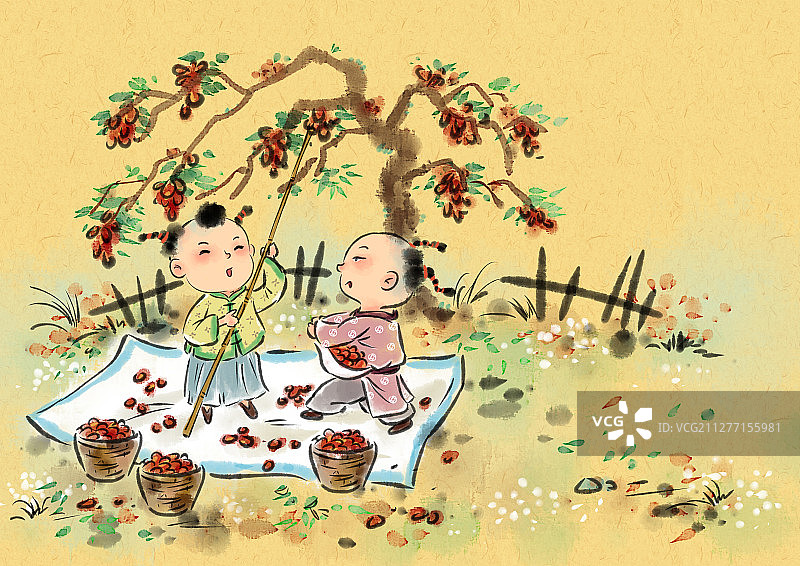 水墨风儿童插画国学经典-孩童打枣图片素材