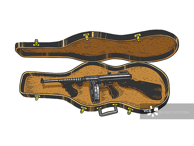 汤普森冲锋枪小提琴盒素描雕刻图片素材