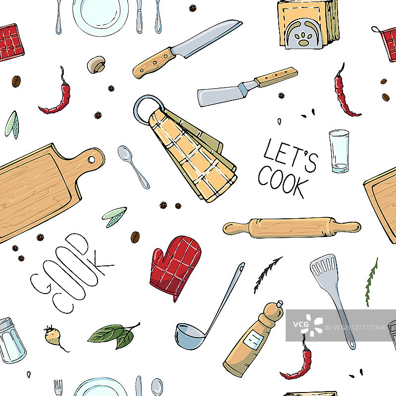 手绘厨房用具无缝图案图片素材