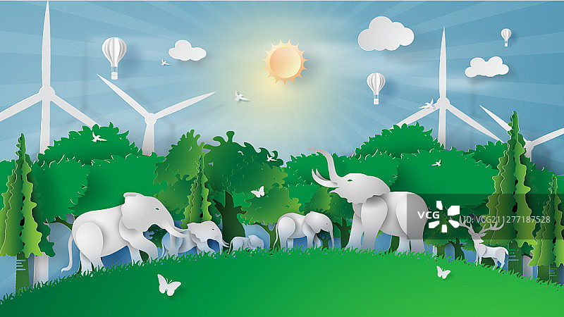 绿色公园里的野生动物创意剪纸图片素材