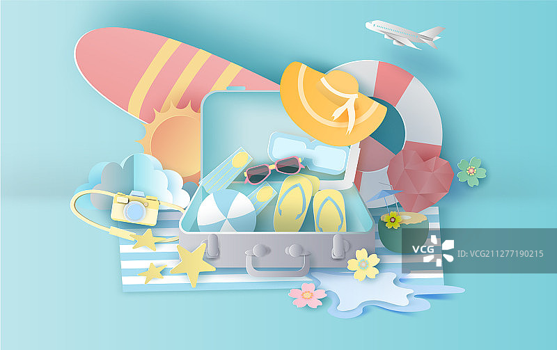 夏季日落与旅行箱概念图片素材