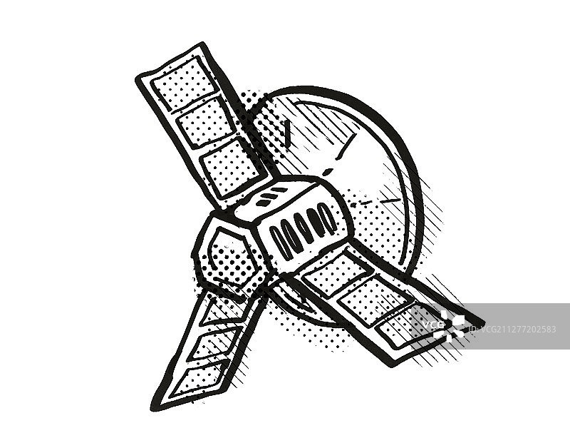 复古卡通风格的太空探测器或卫星黑白绘画图片素材