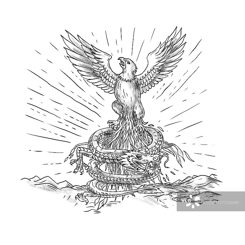老鹰与龙纹身风格插画图片素材