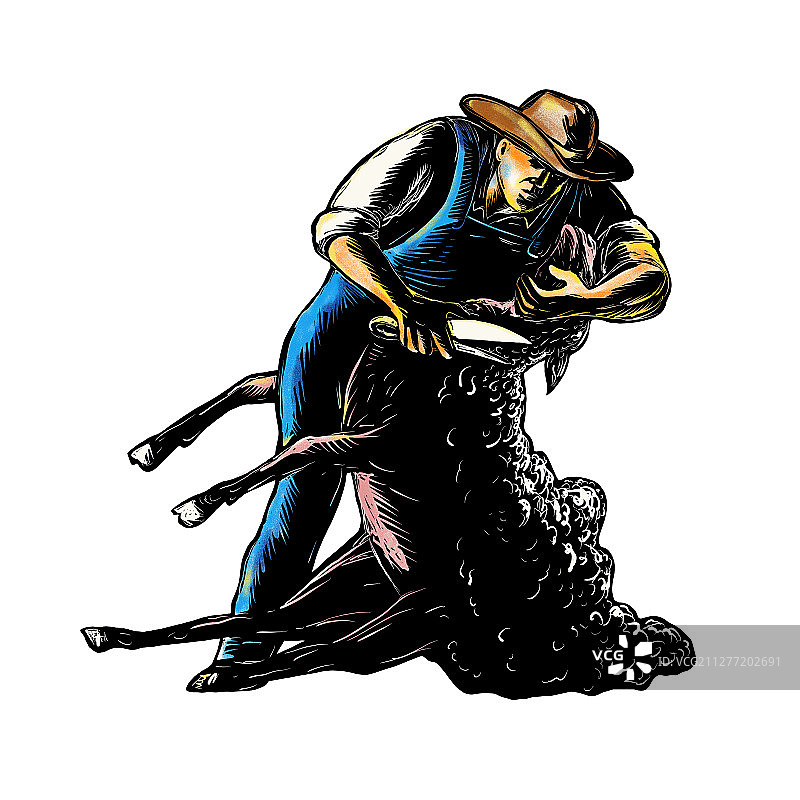 刮板风格绵羊剪毛师或农民用剪刀剪羊毛的插图图片素材