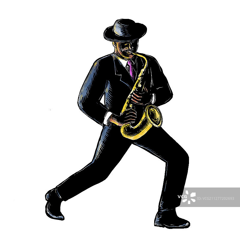 复古非裔美国爵士乐音乐家刮板画（演奏萨克斯管）图片素材