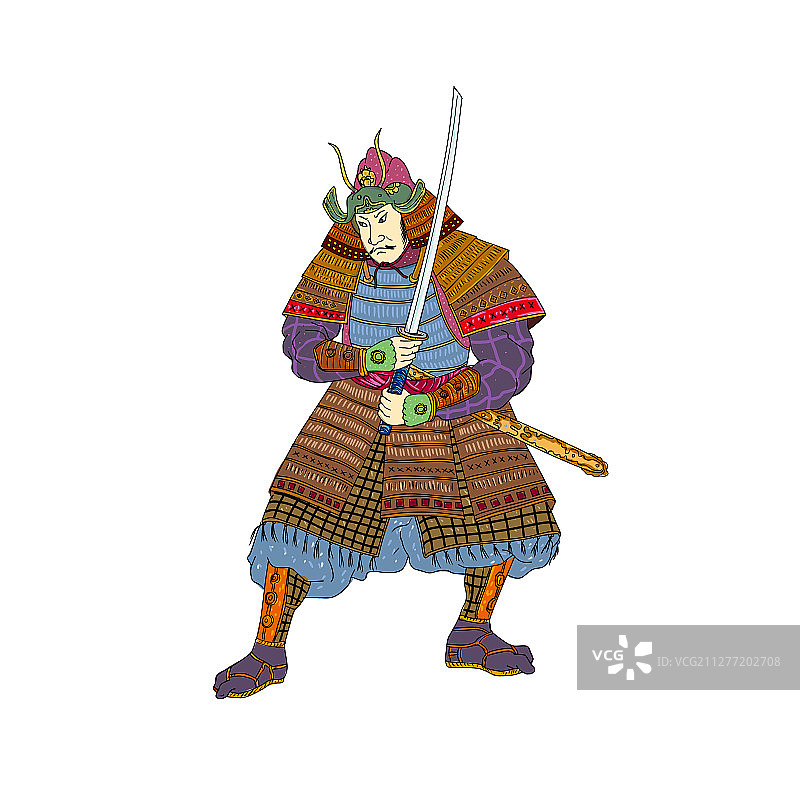 日本武士的复古木版画风格插图，武士戴着头盔，手持武士刀，在孤立的背景下摆出战斗姿势。复古武士刀木版画图片素材