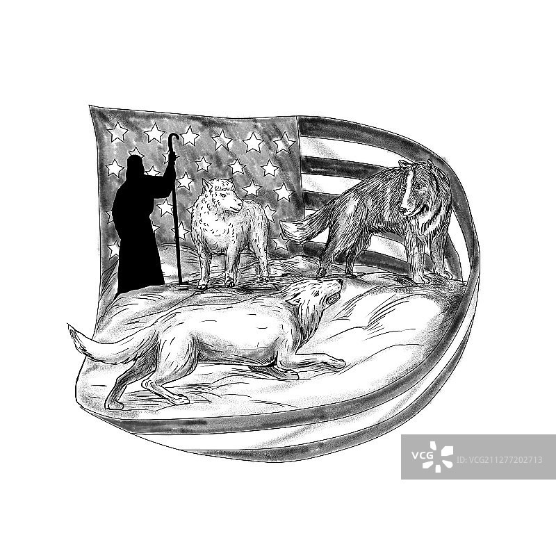 绵羊守护犬从狼口中保护羔羊的纹身风格插画，背景是牧羊人和美国星条旗图片素材