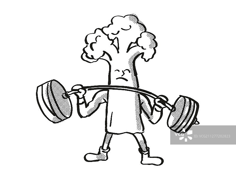 复古卡通风格菜花举杠铃黑白画图片素材