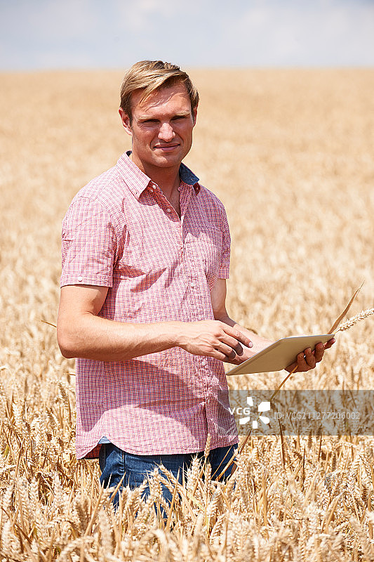 农民在麦田里用平板电脑检查作物的肖像图片素材