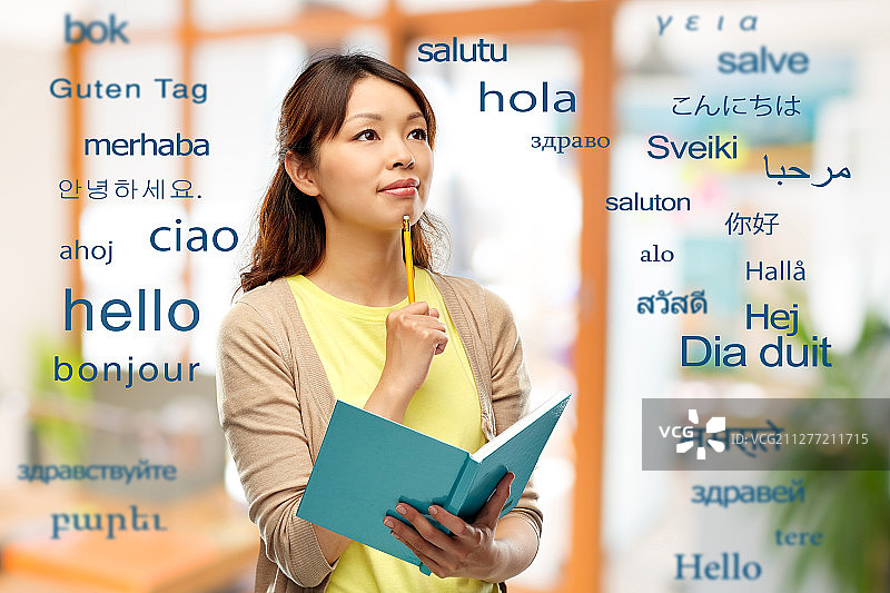 教育、学校与翻译概念：亚洲学生思考外语问候语图片素材