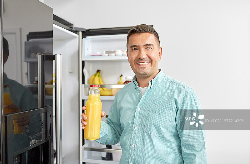 健康饮食理念：中年男子从冰箱里拿橙汁图片素材