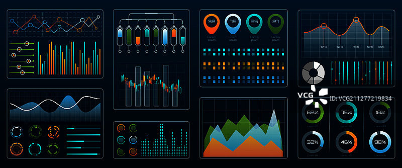 未来科技演示界面：彩色图表管理数据屏幕矢量图图片素材