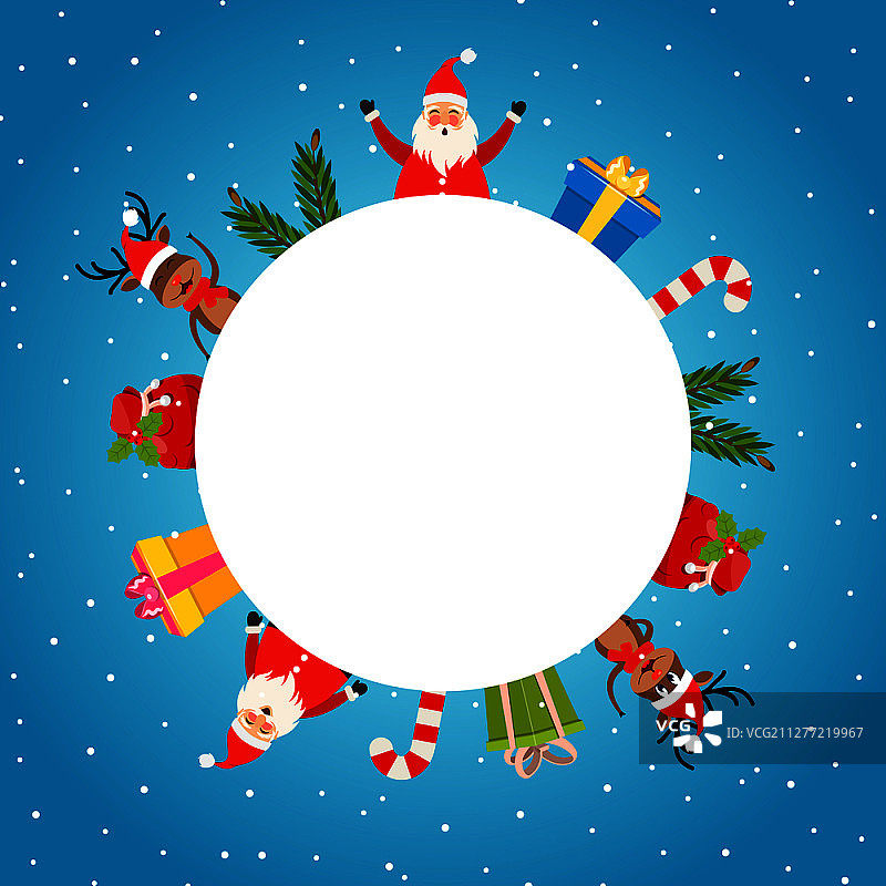 带圣诞老人、鹿和传统元素的圣诞贺卡插画矢量图图片素材