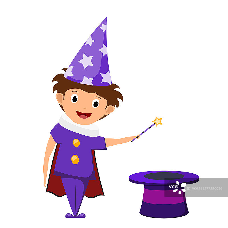 紫色服装和星星帽的小魔术师图片素材