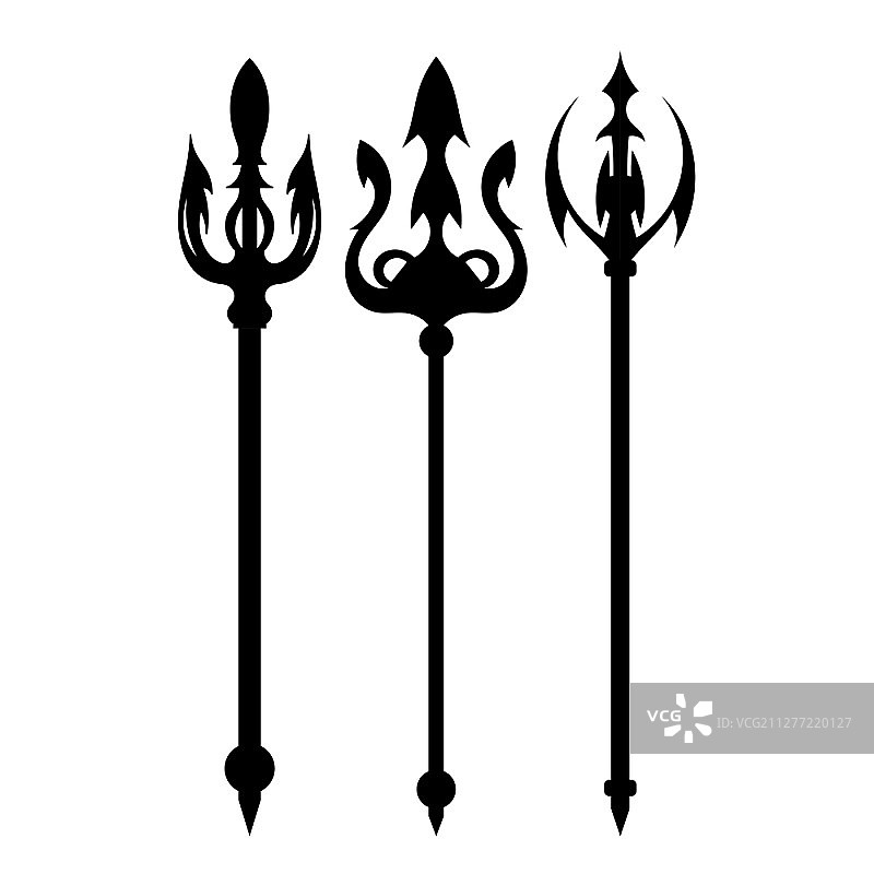 白色背景上的抽象黑色三叉戟矢量插图。古代武器。神话战争材料。图片素材